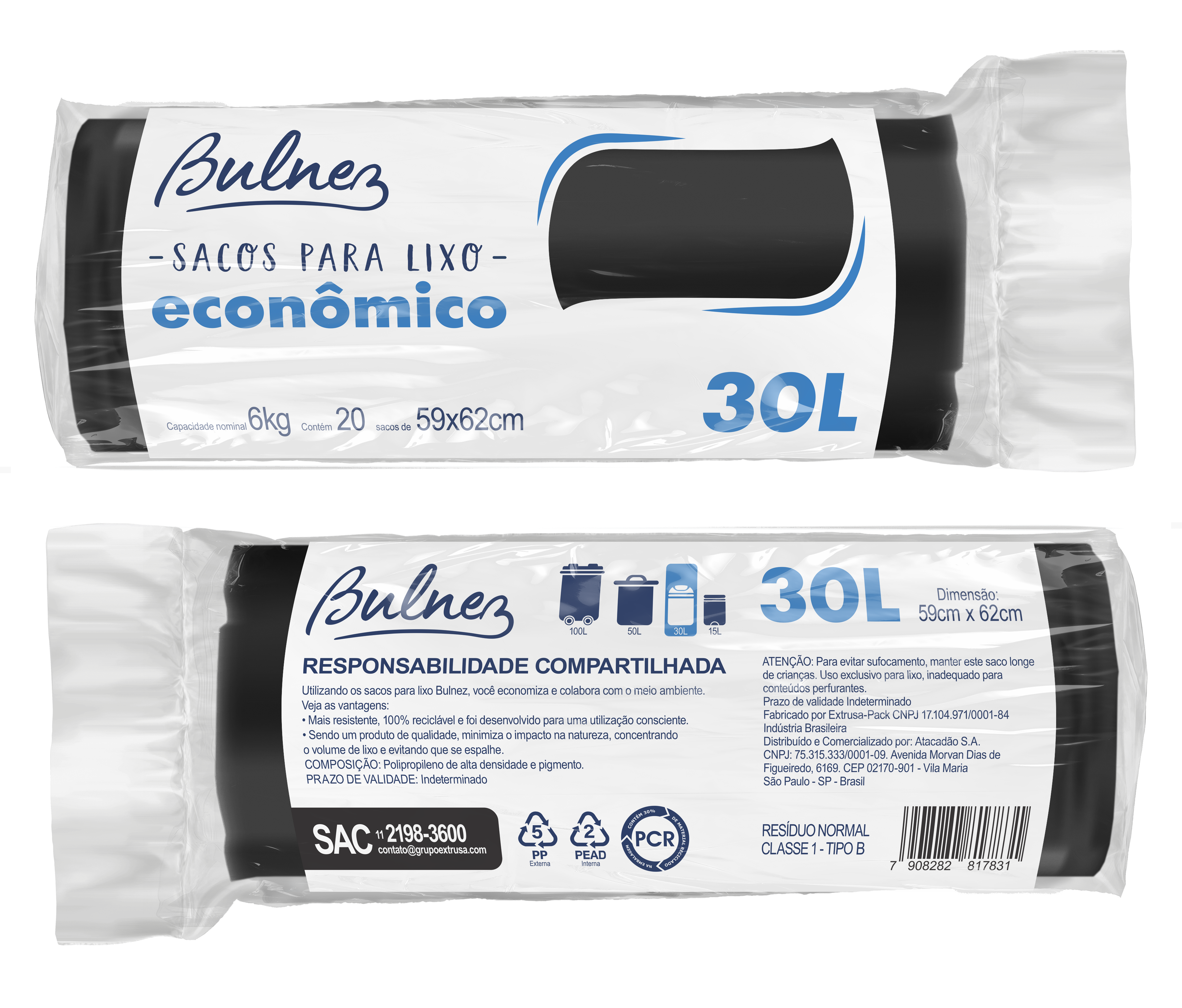 Sacos para lixo Bulnez, marca própria do Grupo Carrefour produzida pela Extrusa Pack